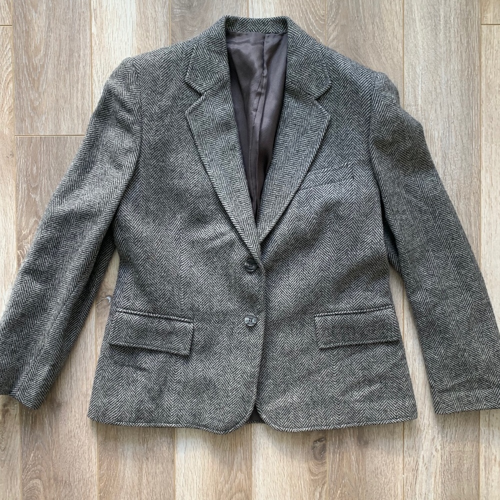 Vintage 80s Wool Tweed Herringbone Blazer - Size 4